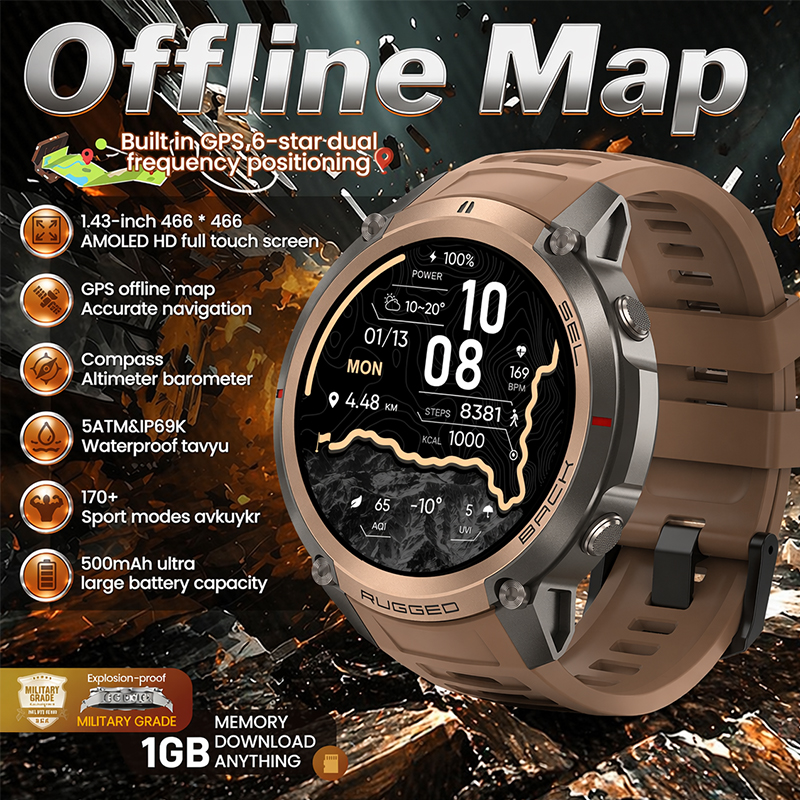 Korean Men Lifestyle - Herren Smartwatch GPS Offline-Karten Sport 500mAh