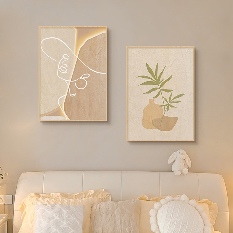 Korean Lifestyle Aesthetic - Holzfarbenes Abstraktes Linienkunst-Leinwandgemälde Botanisches Minimalistisches Poster