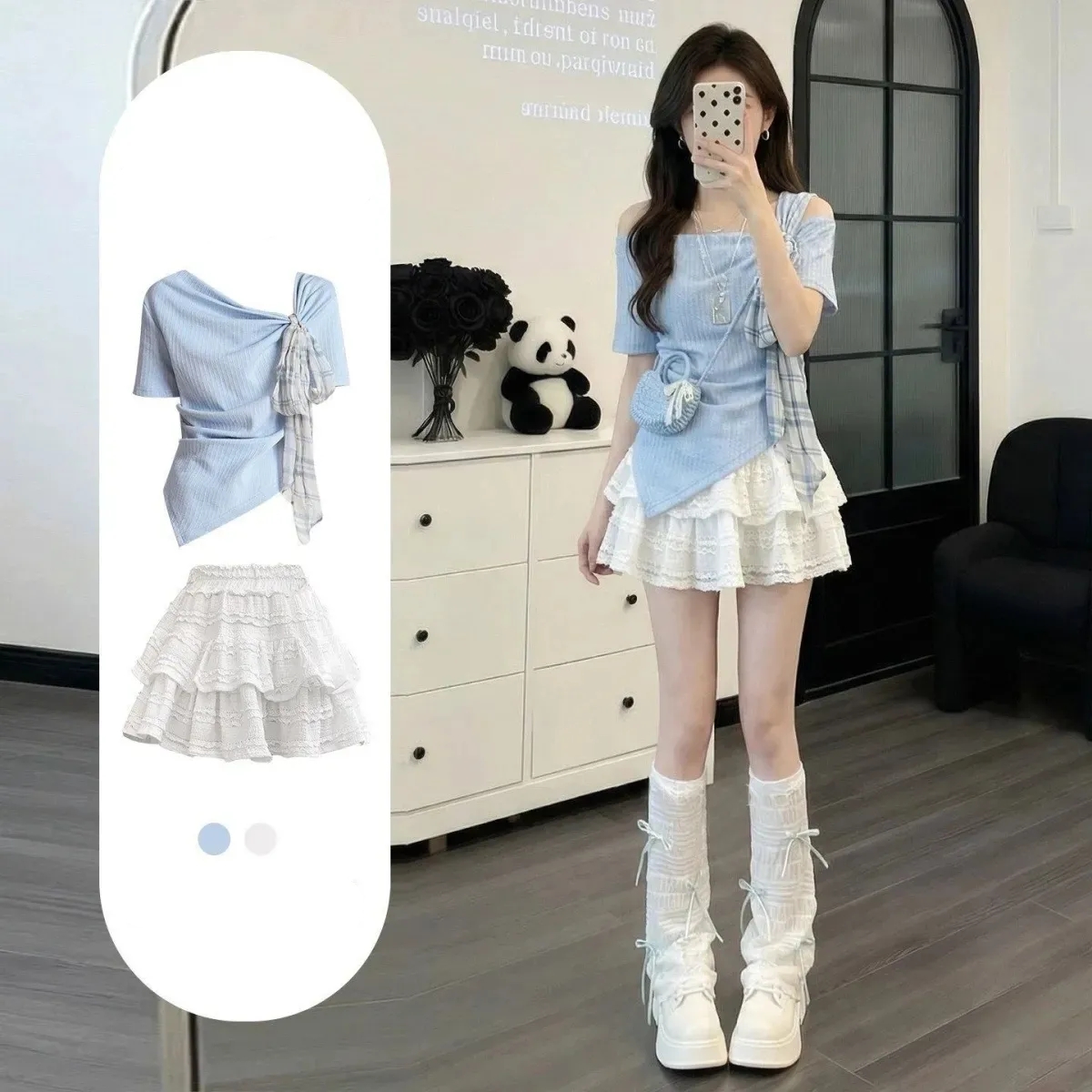Korean Lifestyle - Damen Koreanisches Sommer-Outfit: Süße blaue T-Shirts