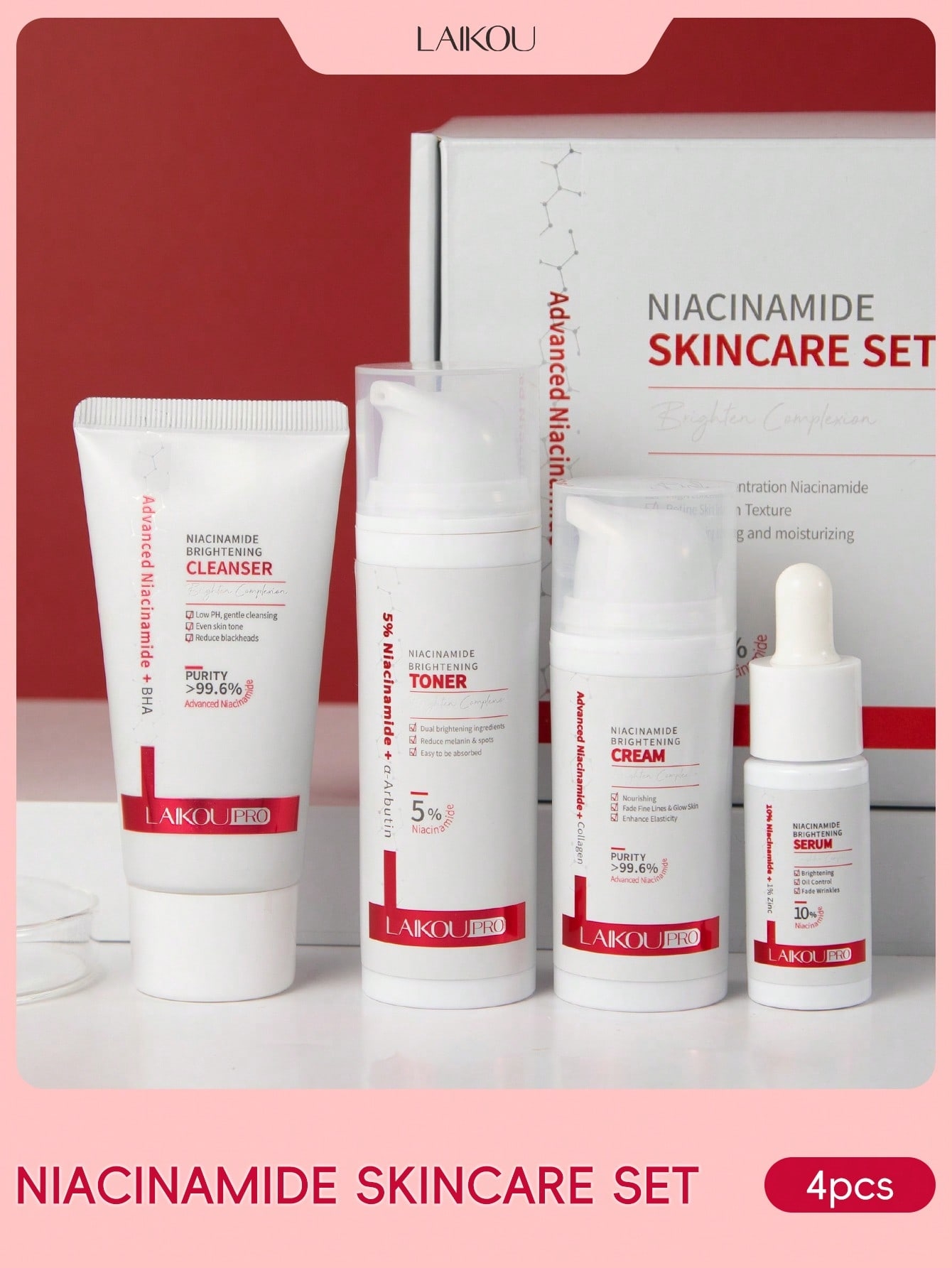 Korean Skincare Routine - LAIKOU PRO Niacinamid 4-teiliges Aufhellendes Hautpflege-Set