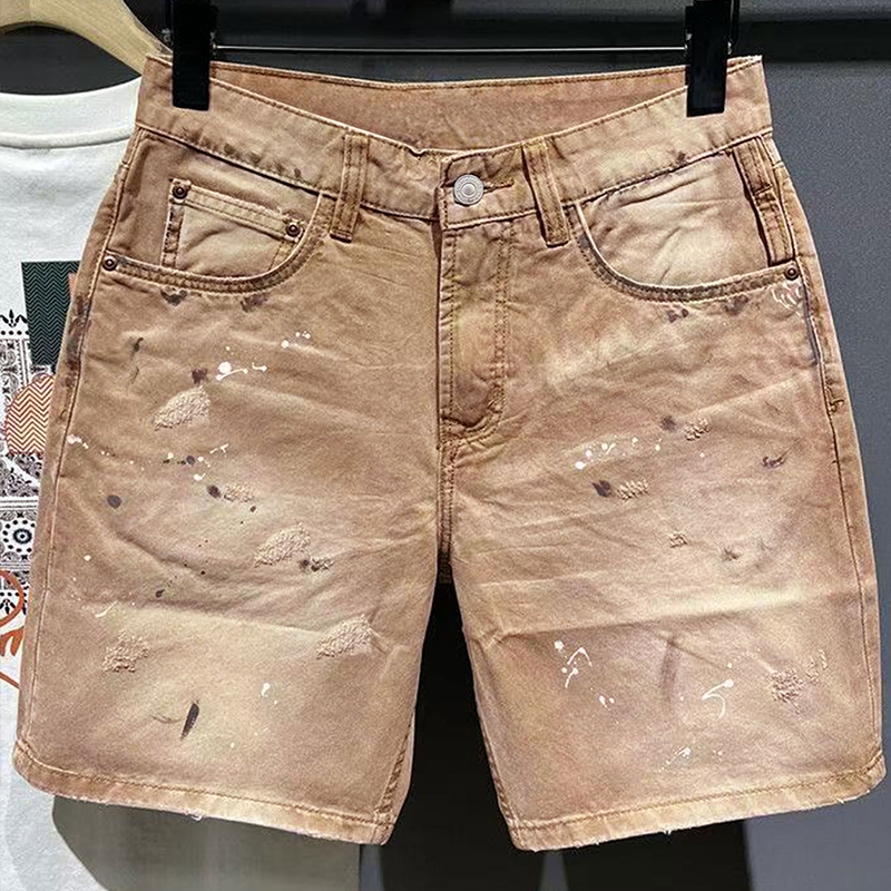 Korean Lifestyle - Hip-Hop Streetwear Herren-Jeansshorts Sommer-Mode Khaki Graffiti-Scratches